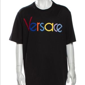 VERSACE-AUTHENTIC (NWT) Black, Colorful Appliqué Unisex Short Sleeve Tee